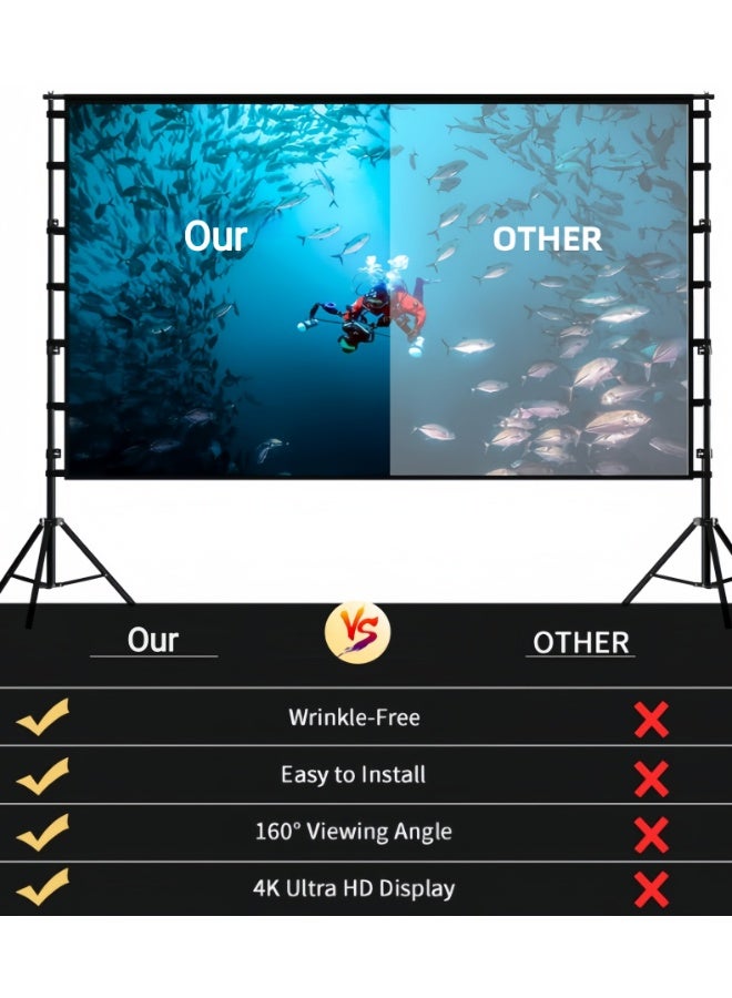 شاشة عرض بروجكتور مع حامل، شاشة عرض محمولة مقاس 100 بوصة للاستخدام الداخلي والخارجي، شاشة عرض أفلام بدقة 4K عالية الوضوح بنسبة عرض إلى ارتفاع 16:9 مع حقيبة حمل، استمتع بتجربة سينمائية منزلية مميزة. - Image 4